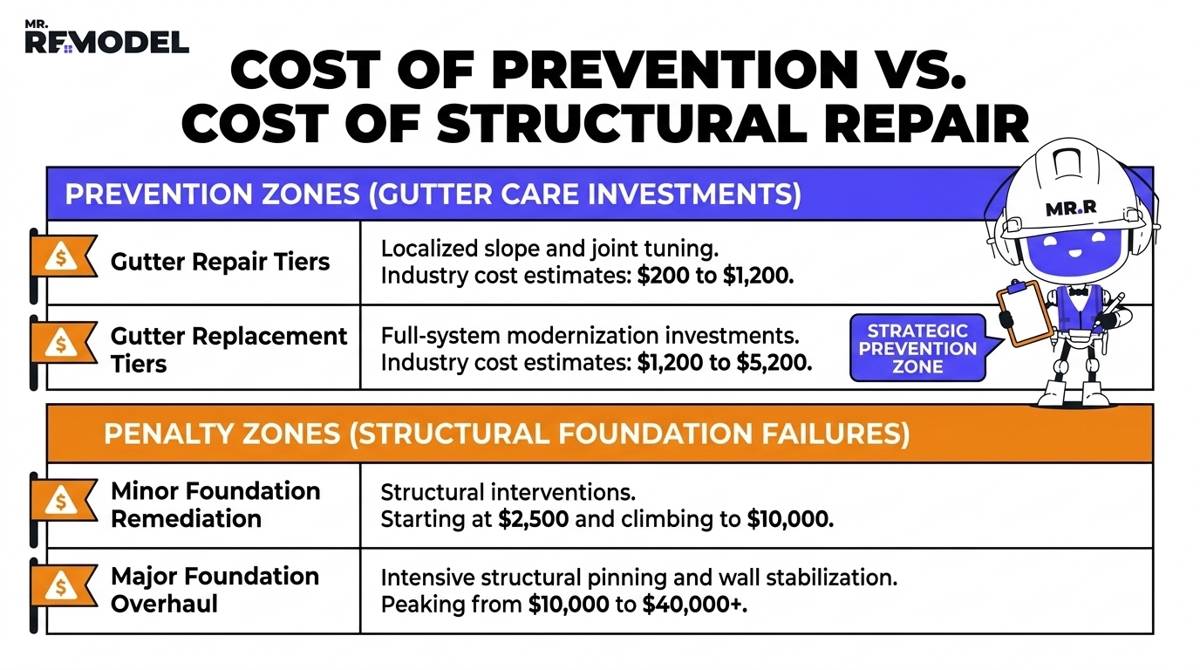 A 2026 cost comparison table charting gutter repairs ($200-$1,200) and replacements ($1,200-$5,200) against minor ($2.5k-$10k) and major ($10k-$40k+) foundation repairs.